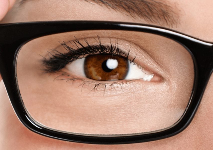 close up of eye with glasses on