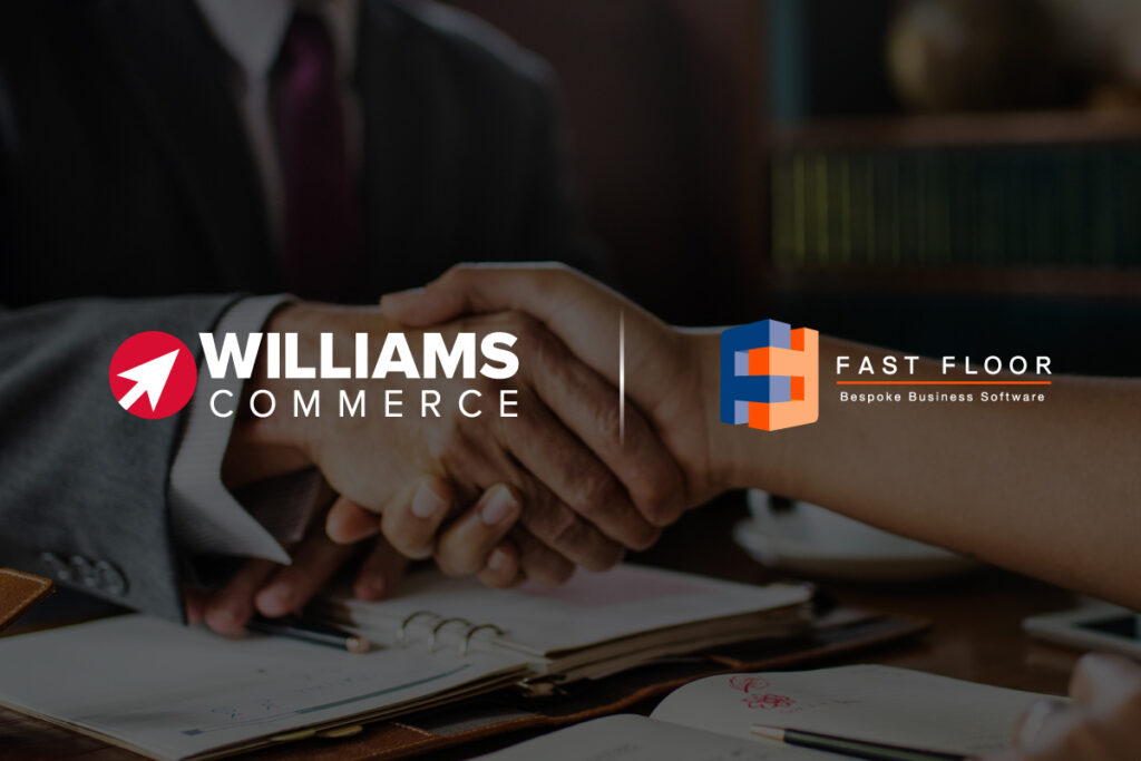 Williams Commerce and Fast Floor logo, in-front of a handshake