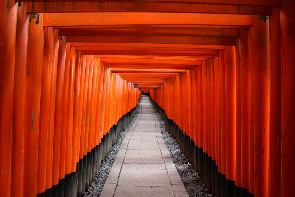 A long tunnel of orange posts, with black bases
