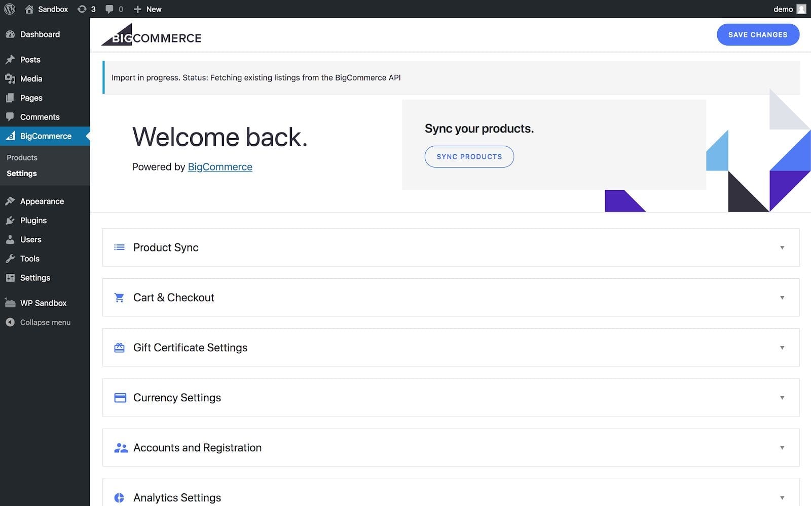 BigCommerce within WordPress welcome page