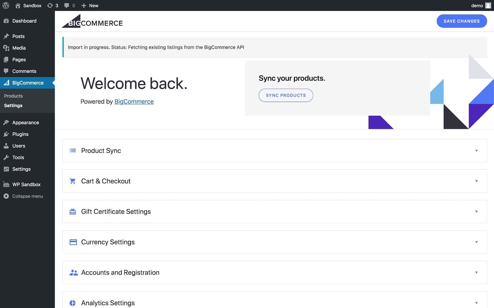 BigCommerce within WordPress welcome page BigCommerce within WordPress welcome page