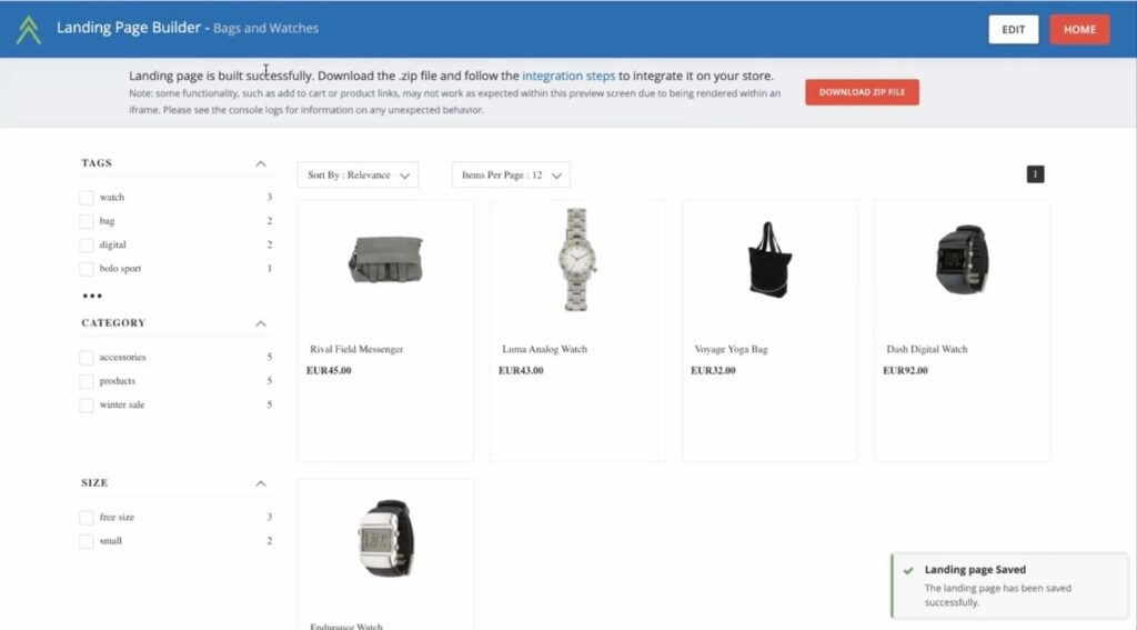 A completed landing page built using the Klevu AI page builder tool