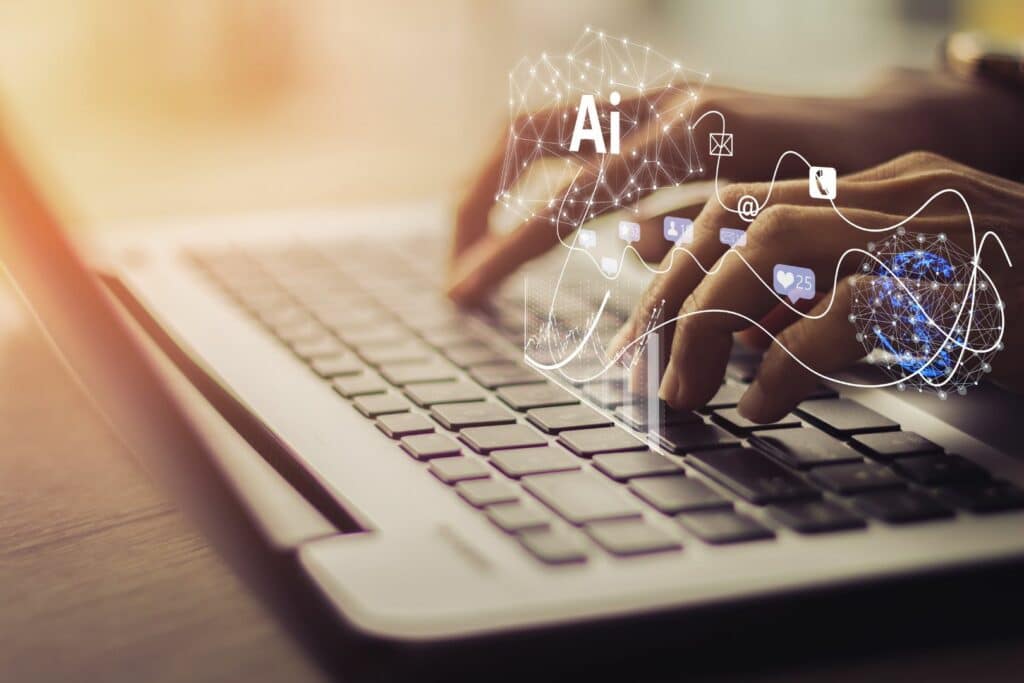 person tying on keyboard and using generative ai