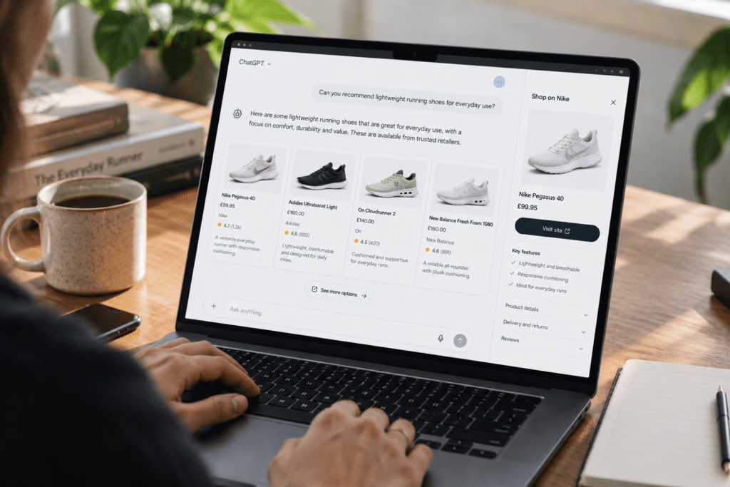 Agentic commerce connecting AI product discovery with an ecommerce website.